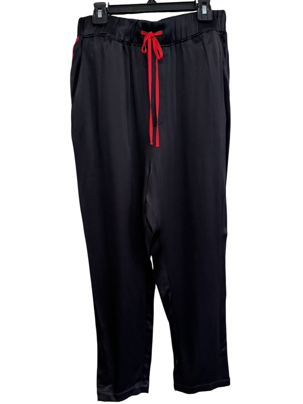 Women's Dressy SatinBlack Jogger Pants with Red Drawstring and side stitching
